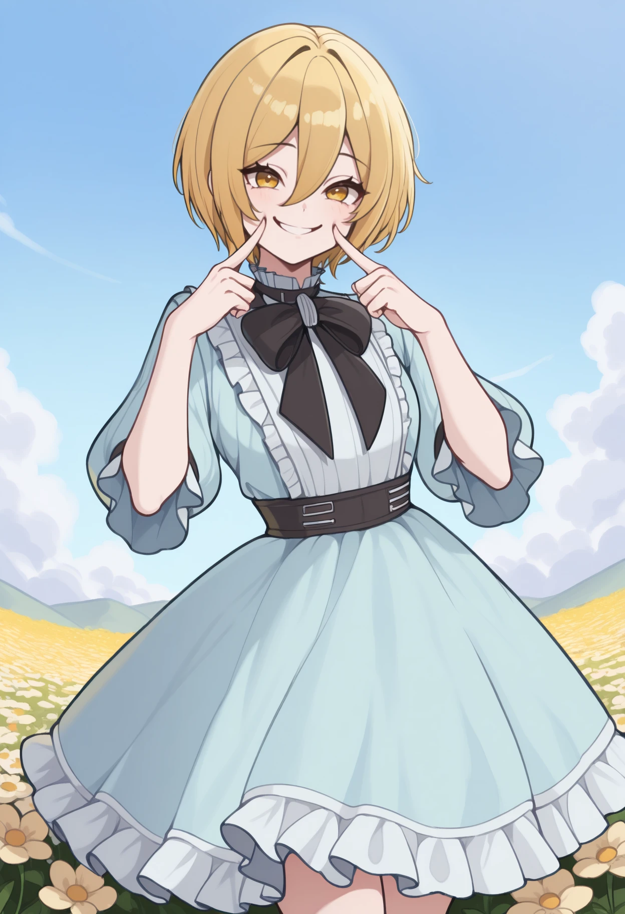 masterpiece, best quality, solo, 1girl, d0nquix0tedef, smile, looking at viewer, standing, fingersmile, fingers to cheeks, short hair, blonde hair, hair between eyes, yellow eyes, frills, light blue dress, frilled dress, black bowtie, puffy sleeves, outdoors, blue sky, cloud, flower field
<segment:yolo-Anzhc Face seg 640 v2 y8n.pt,0.4,0.5//cid=1>