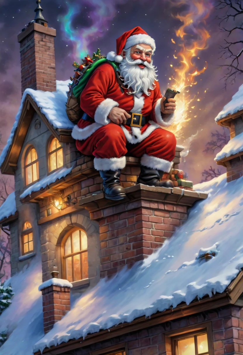 santafestivemood, picture of the charming Santa Claus stuck in the chimney of the house, detailed storybook illustration, comic, anime, iridescent colors, highly detailed beautiful details, intricate and ornate, masterpiece, best quality, clean sharp outlines, extremely high contrast, (clean sharp focus:1.4), SFW