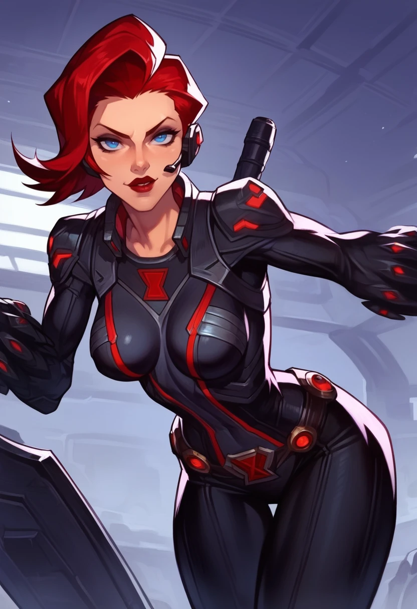 score_9, score_8_up, score_7_up, score_6_up, expressiveh, blackwidow_rivals, 1girl, solo, cowboy shot, red hair, asymmetrical hair, headset microphone, eyeliner, blue eyes, red lips, bodysuit, black bodysuit, gloves, black gloves, red nail polish, forearm guns, black clothes,  red details, red glow, posing, pose, godrays, breasts, masterpiece, best quality, sexy, seductive, looking at viewer, half-closed eyes, cropped, narrow waist, wide hips, perfect body, sexy pose, seductive pose, smirk, seductive smile, godrays, dynamic light, dramatic light, space station background, technologic background, detailed background, indoors, dynamic angle, dynamic pose, shield helicarrier, adult woman, breasts, sexy pose, seductive pose, smile, seductive smile, perfect body, sexy, seductive, looking at viewer, cropped, cowboy shot,sexy pose, seductive pose, biting lips, horny, slut, leaning forward, leaning in, from below, breasts focus, futuristic background, futuristic monitors, monitors on background, <lora:[GP] somethingweird [Pony XL]:1> <lora:Black_Widow_Marvel_Rivals_-_PonyXL:0.6>