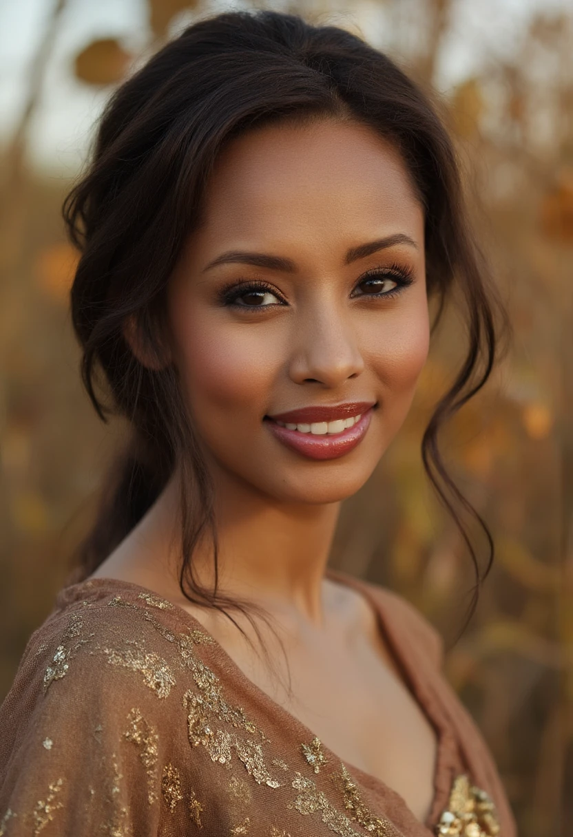 the image is a high-quality professional  close-up photograph of  beautiful idaljunqvist She is wearing shalwar kameez. She is looking directly at the viewer and smiling. The background is fall. This photo is a headshot. Shot with small amount of film grain. This is a SFW image. 