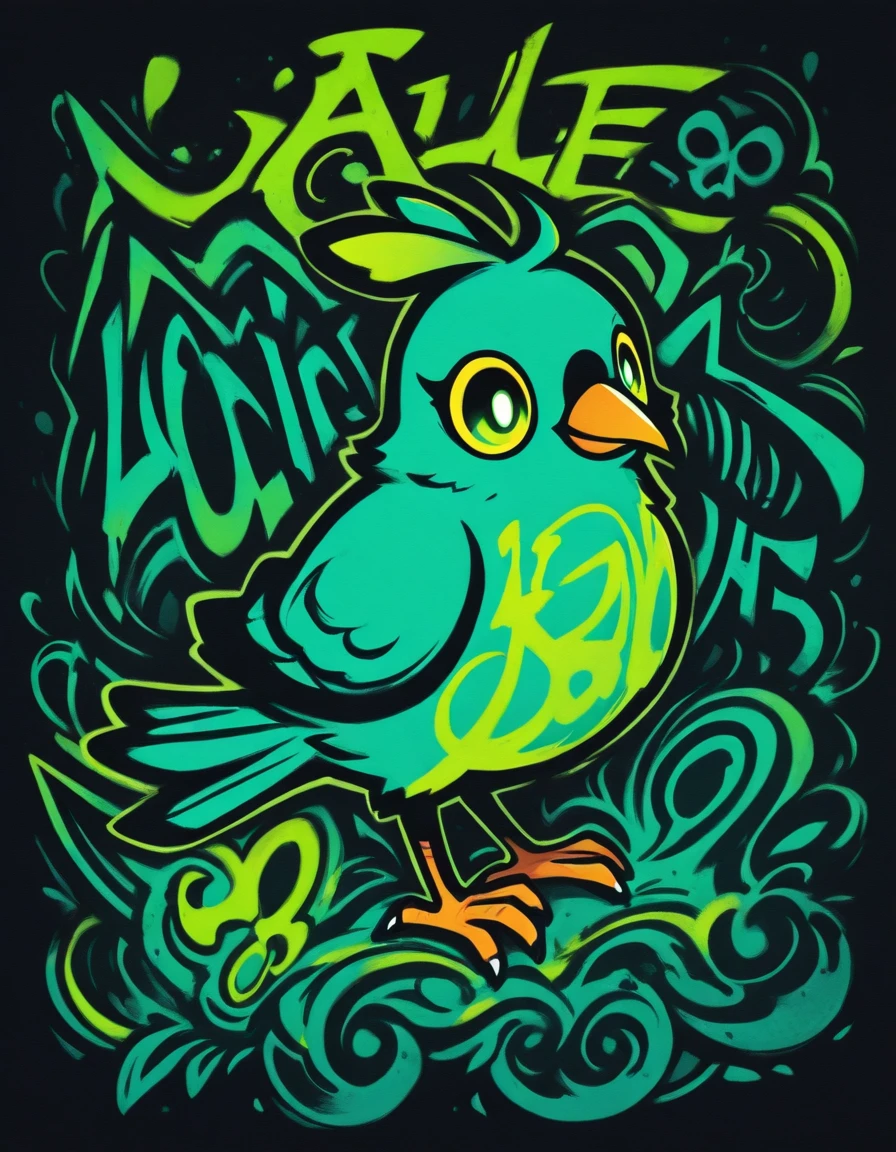 blgStyle, graffiti, black background, teal and orange color theme,a cute bird <lora:Blacklight_Graffiti_Style_IllustriousXL:0.4>