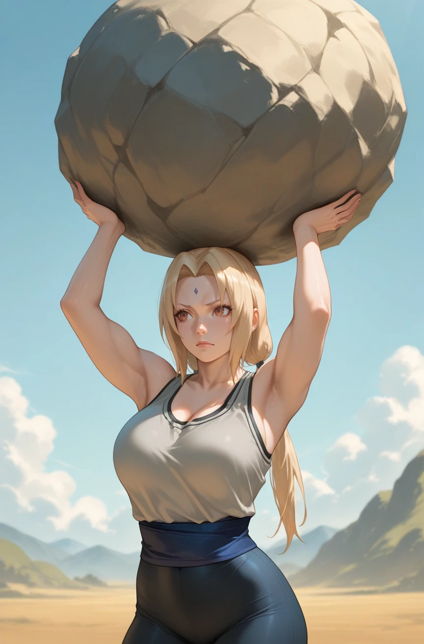 masterpiece, best quality,  2.5D, realistic
1girl solo, 
tsunade_(naruto), naruto_(series), 1girl, blonde_hair, brown_eyes
  <lora:Super strength [IL]:0.5> super_strength, holding boulder, over head, hands up, muscular, tank top, leggings,
