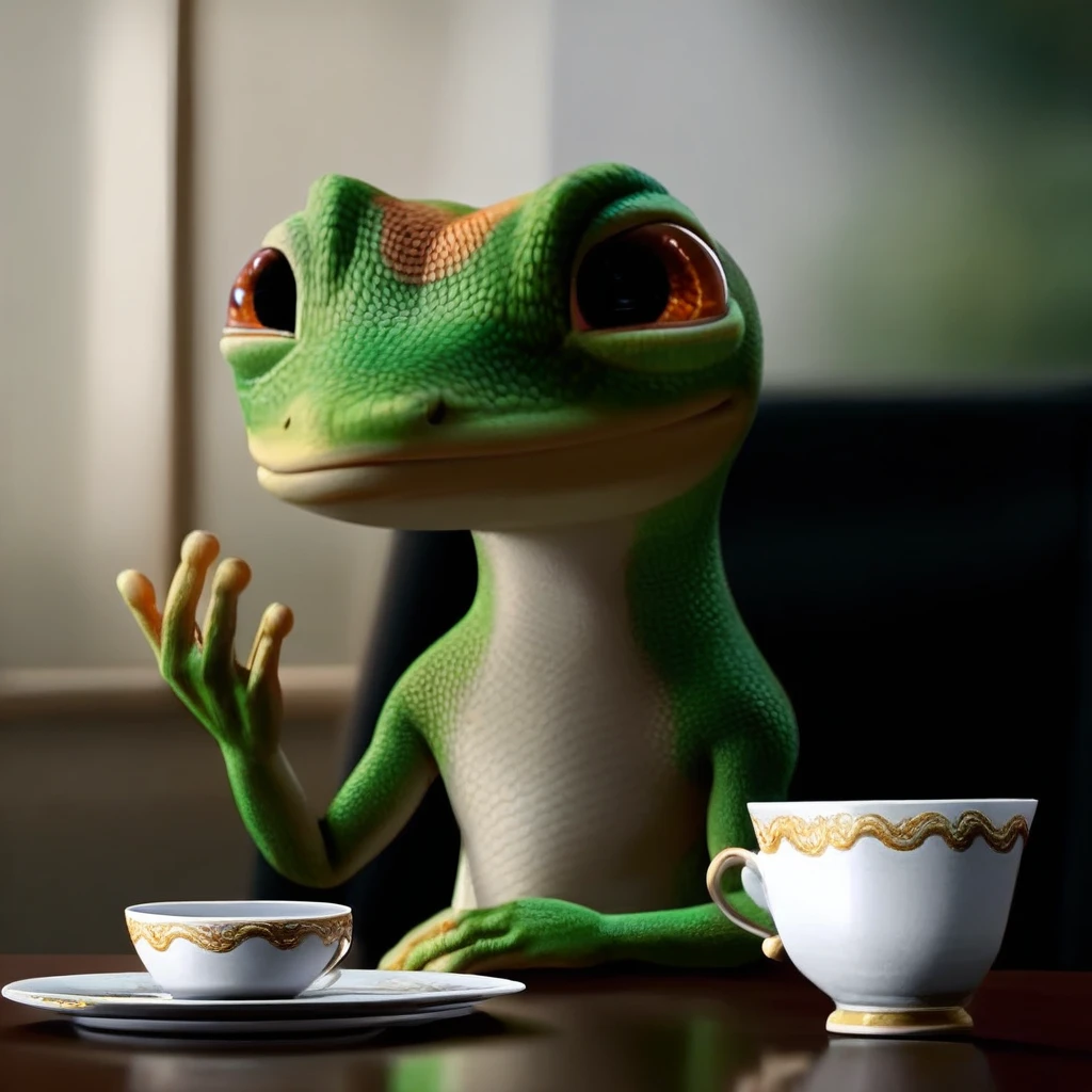 Martingecko, furry, male, gecko, orange realistic eyes, scales, at a fancy dinner table, a teacup in hand, wearing a monocle, smug expression