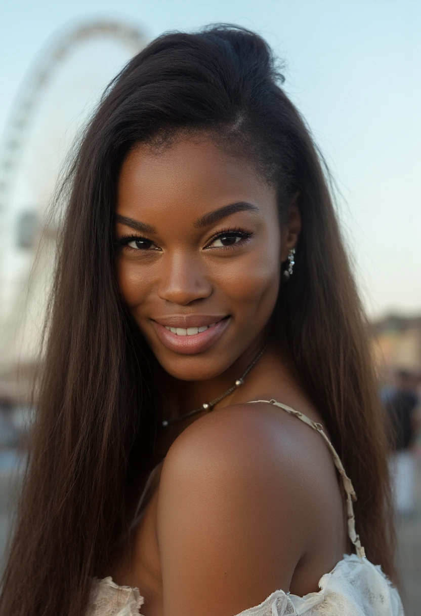 the image is a high-quality professional  close-up photograph of  beautiful eugenawashington. She is wearing gambeson. She is looking directly at the viewer and smiling. The background is ferris wheel. This photo is a headshot. Shot with small amount of film grain. This is a SFW image. 