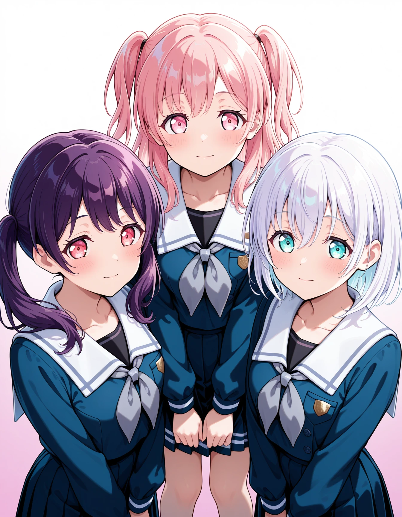 <lora:Morfonica_noobXL:1>, kurata mashiro, white hair, short hair, aqua eyes, hiromachi nanami, pink hair, pink eyes, two side up, futaba tsukushi, red eyes, purple hair, twintails, 3girls, standing, side-by-side, tsukinomori school uniform, school uniform, pleated skirt, long sleeves, white sailor collar, serafuku, looking at viewer, collarbone, blush, grey neckerchief, gradient background, blush, light smile,, very awa, masterpiece, best quality, highres, absurdres, newest,