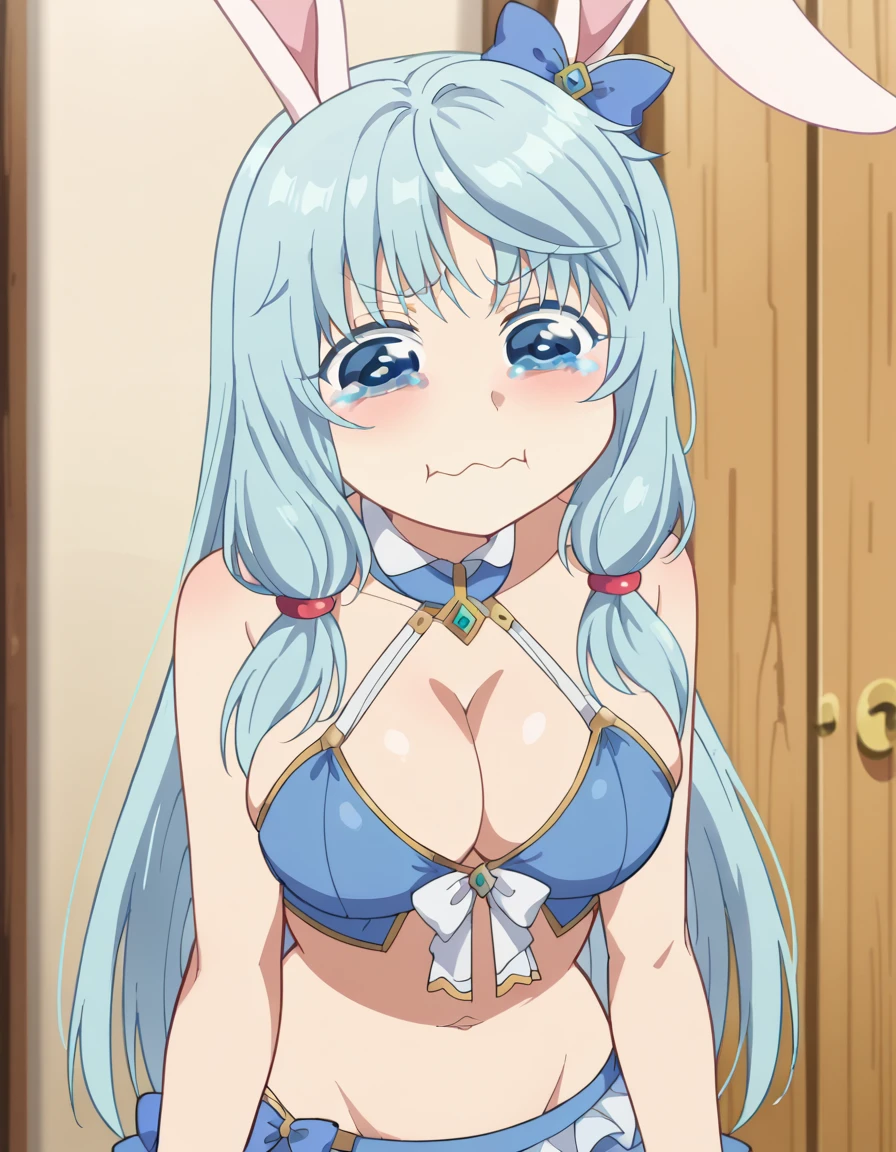 masterpiece, best quality, wallpaper, 1girl, solo, looking at viewer , rimuru_tempest, blue hair, yellow eyes, long hair, small breast, ((titfuck)), nipples, bedroom, penis, man, sex, ((couple)), detailed eyes, grin, suspicious grin