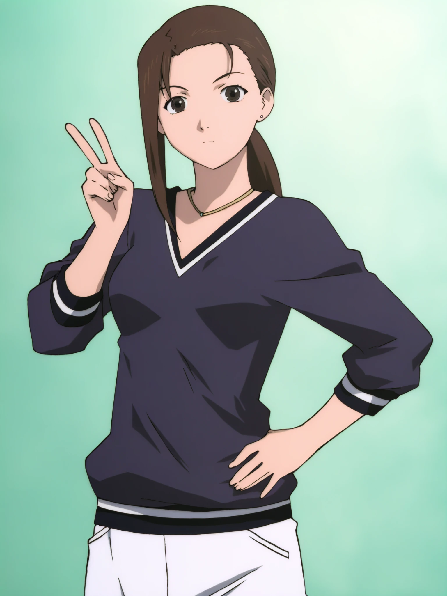 <lora:Iwakura_Mika_ILv0a:0.7> iwakura_mika_\(sel\), anime screencap, perfect hands, medium breasts, uncensored, black v-neck shirt, necklace, ponytail, white shorts, v:1.2, simple background, peace sign, hand on own hip,