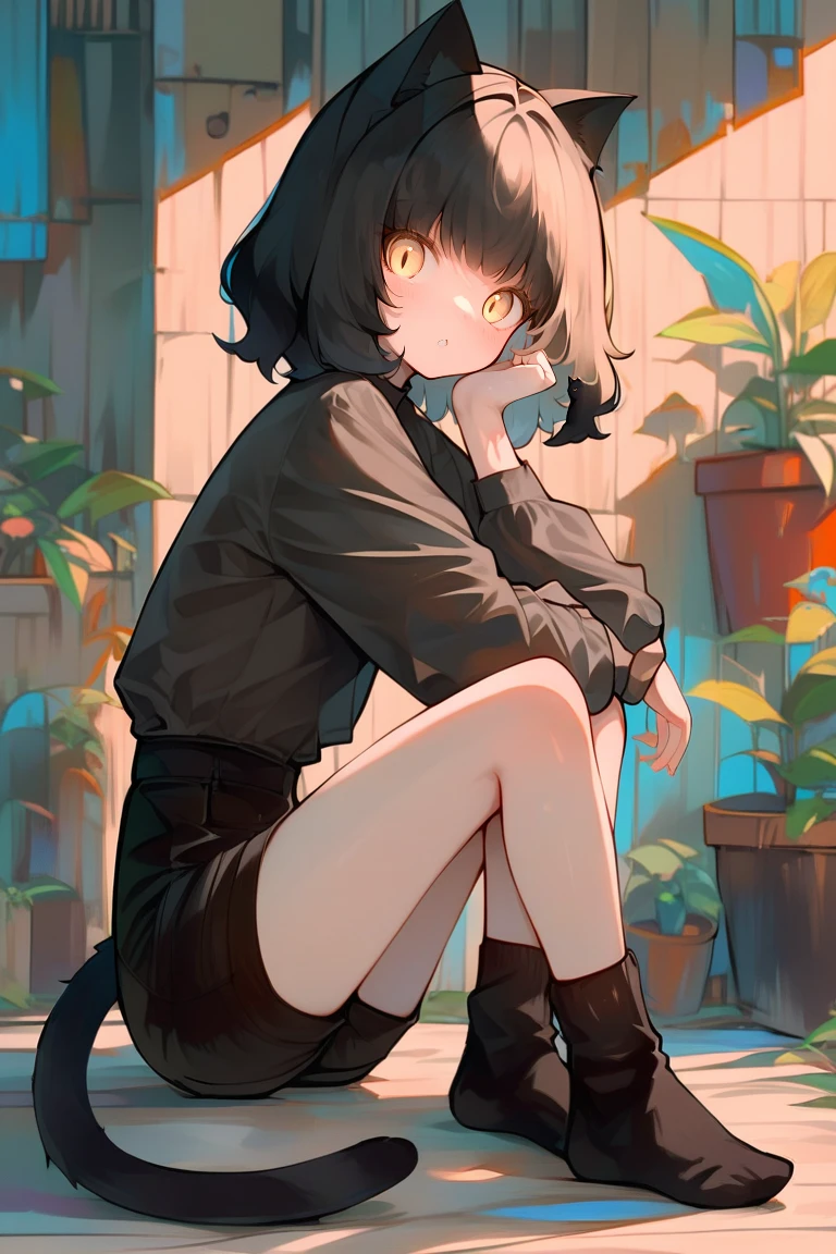 score_9, score_8_up, score_7_up, score_6_up, source anime, 1girl, solo, looking at viewer, short hair, bangs, shirt, black hair, long sleeves, animal ears, sitting, tail, full body, yellow eyes, parted lips, shorts, day, socks, indoors, cat ears, black footwear, cat tail, black shirt, arm support, animal, black shorts, cat, plant, cat girl, black socks, potted plant, black cat