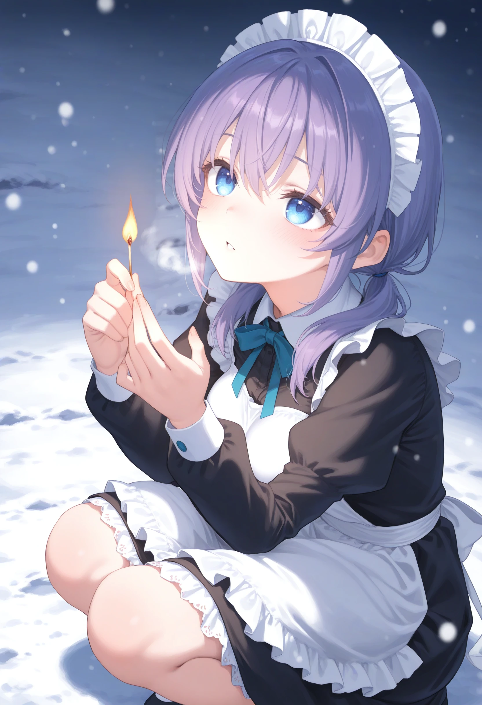 1girl,(sho \(sho lwlw\):0.7),(toosaka asagi:0.5),(sincos:0.3),solo,
masterpiece, best quality, newest, absurdres, CG, anime, source anime, illustration,
maid, maid headdress,medium breasts,
matches ,fire,outdoors, snowing, cold ,snow, winter,night, squatting,  long sleeves, breath ,<lora:matches_Illust_v1:0.8>
from side, cinematic angle, looking up, purple hair, blue eyes,happy, Teotihuacan, parted lips, low twintails hair,