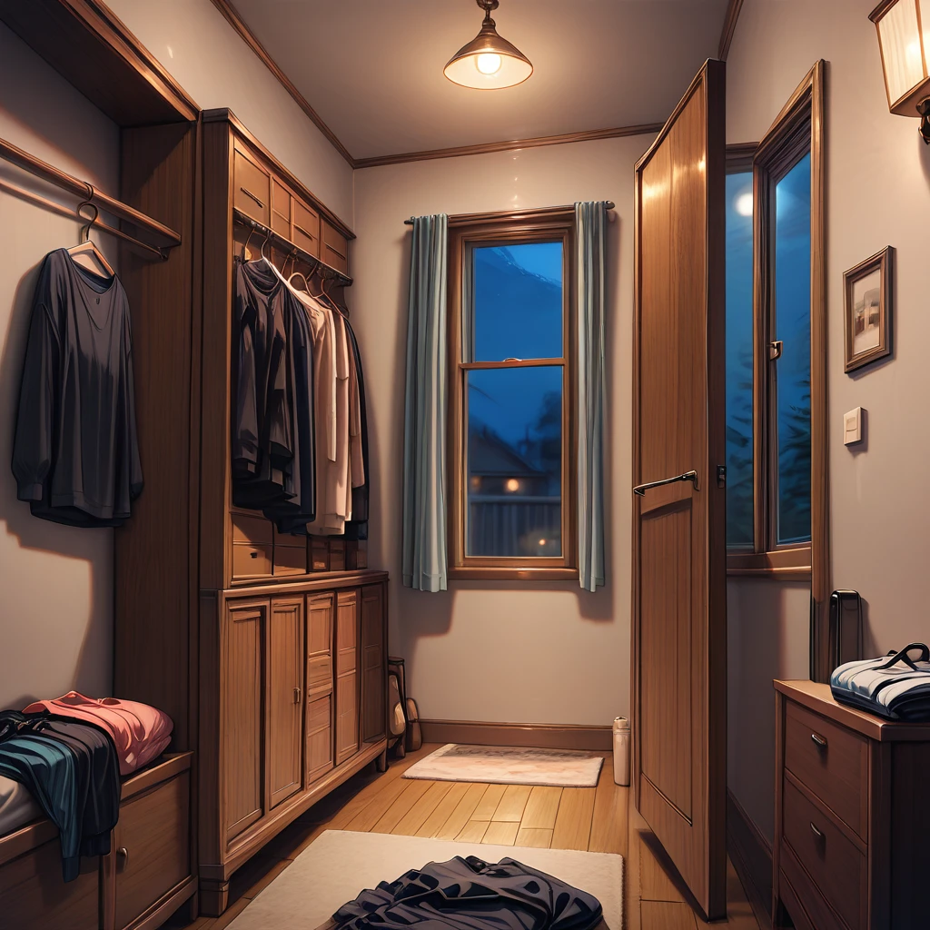 masterpiece,best quality,amazing quality, <lora:Walk-in_dressing_room:0.4> wldrr, scenery, wardrobe, walk-in closet, clothes hanger, wooden wardrobe, no humans, depth of field, lamp, night, (window:1.4),  <lora:IL_Between_pencils_and_semi-realism_Style:1> stbedap, clothes on floor,