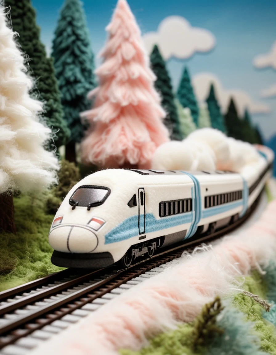 Plush art scene, miniature model, macro, a milky white plush high-speed train is running on the track, with a hand-woven landscape in the background, including fluffy cotton snow, pine trees, sky, light pink, light blue, milky white, realistic wool and yarn, delicate wool felt material, plush, chibi, modern art style, cute, soft, atmospheric, ultra-detailed, high resolution. --ar 16:9 --v 6.1