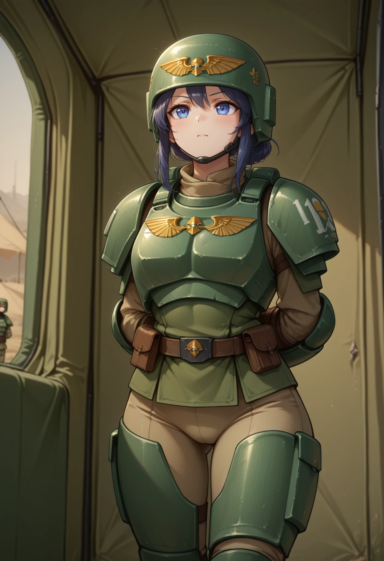 in a tent
1girl
astra militarum, armor, tight pants, helmet <lora:cadian-il:1> cadian
standing at attention, hands behind back, masterpiece, best quality