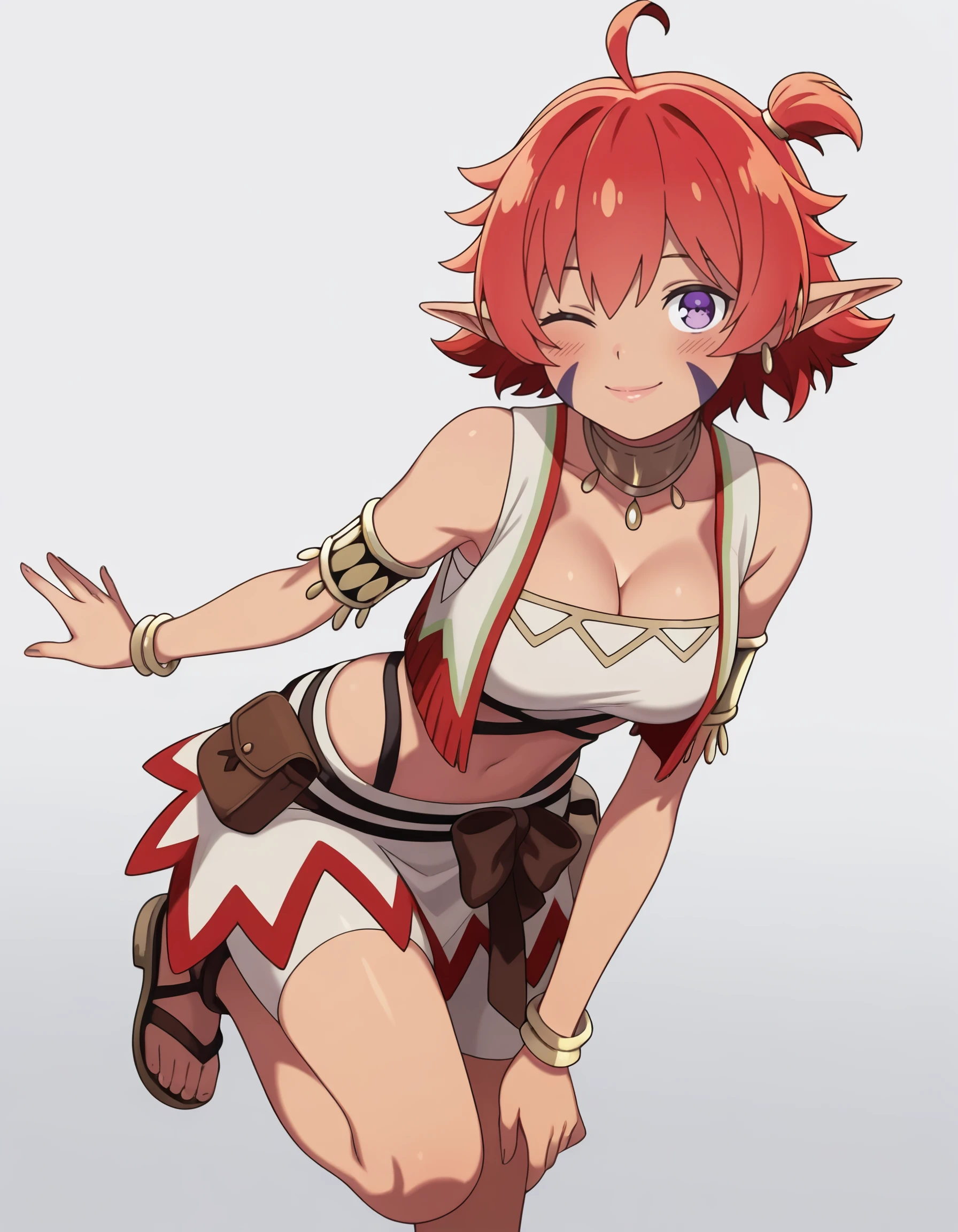 masterpiece, best quality, amazing quality, <lora:seirei_gensouki_-_alma_il:1> alma, short_hair, ahoge, red_hair, pointy_ears, facial_mark, purple_eyes, dark-skinned_female,  jewelry, armlet, vest, skirt, midriff, sandals, by_rickykeigo, pouch, solo, lips, 1girl, spandex, shoulder_cutout, blush, earrings, jewelry, large_breasts, one_eye_closed, white_background, smile, clothing_cutout, breasts, looking_at_viewer, grey_background, cleavage, Other