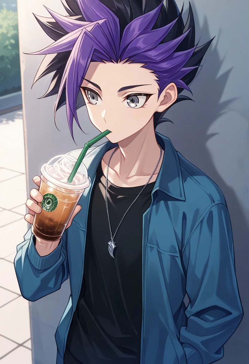 masterpiece, best quality, 
yuto, 1boy, male focus, solo, grey eyes, multicolored hair, two-tone hair, bangs, dyed bangs, purple hair, black hair, shirt, black shirt, jacket, blue jacket, open jacket, open clothes, jewerly, necklace, disposable cup, drinking straw, smartphone,
outdoor,