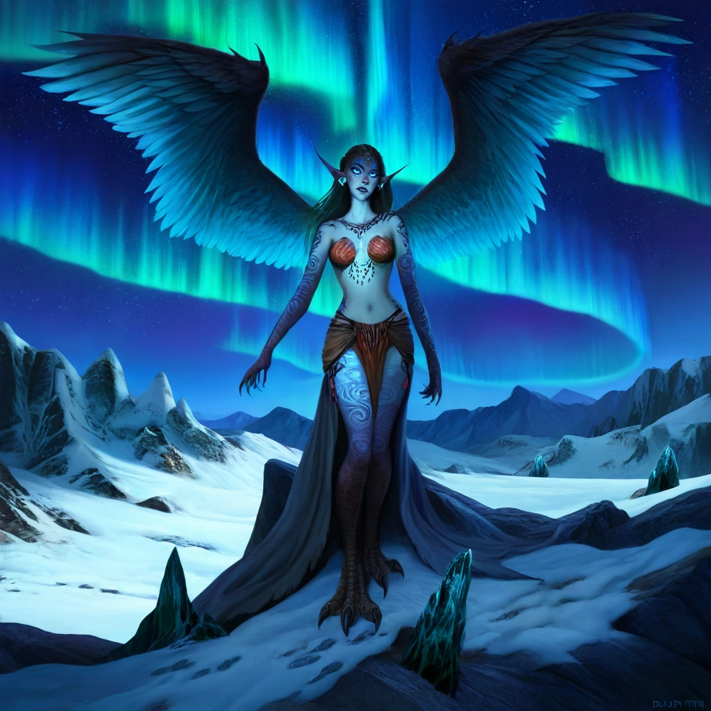 Tribal style  hrpx, dark fantasy, dark fantasy style, dark painting, harpy creature, half woman, half bird, wings, female woman head, ice harpy with frost-tipped wings, standing on a glacier, icy breath visible in the frigid air, aurora borealis glowing in the starry night sky, cold blue tones dominating the scene, wide-angle shot capturing the vast icy landscape, dramatic underlighting
 <lora:Harpies-illustrious-000006:1> . Indigenous, ethnic, traditional patterns, bold, natural colors, highly detailed