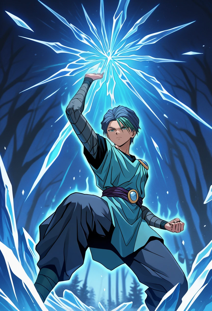 masterpiece, best quality, vibrant, very aesthetic, high contrast, anime, newest, 2024, 1boy, <lora:Touya_YuYu_Hakusho_ILLU:0.8> touya_yyh, two-tone hair, blue hair, green bangs, torn clothes, tunic, fighting stance, ice magic, frost steam, blue theme, ice shards, forst aura, , from below, nature, masterwork, raytracing, highly detailed, absurdres, masterful composition, cinematic lighting, rim lighting