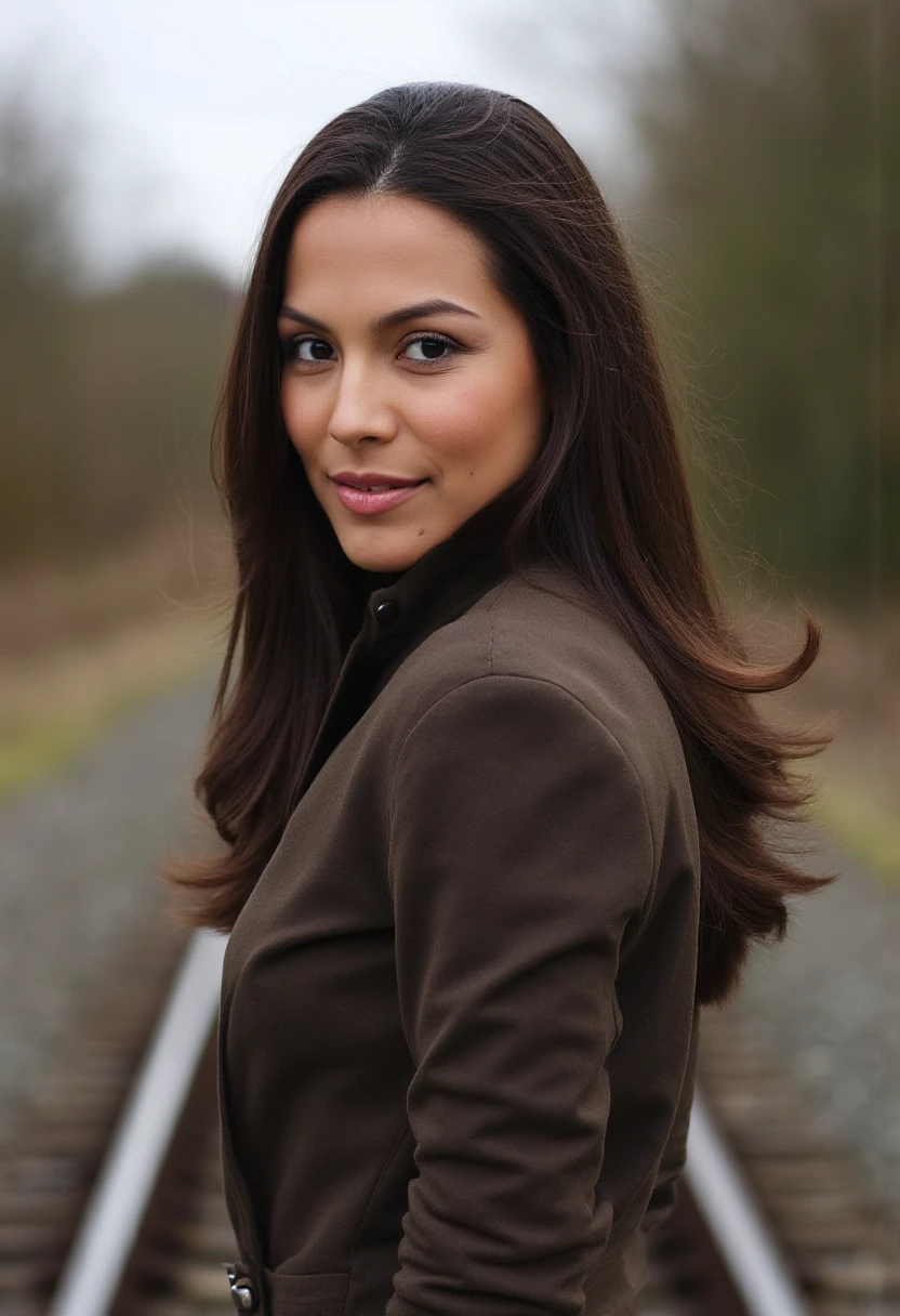 the image is a high-quality professional  close-up photograph of  beautiful raquelpomplun. She is wearing nehru jacket. She is looking directly at the viewer and smiling. The background is railroad tracks. This photo is a headshot. Shot with small amount of film grain. This is a SFW image. 