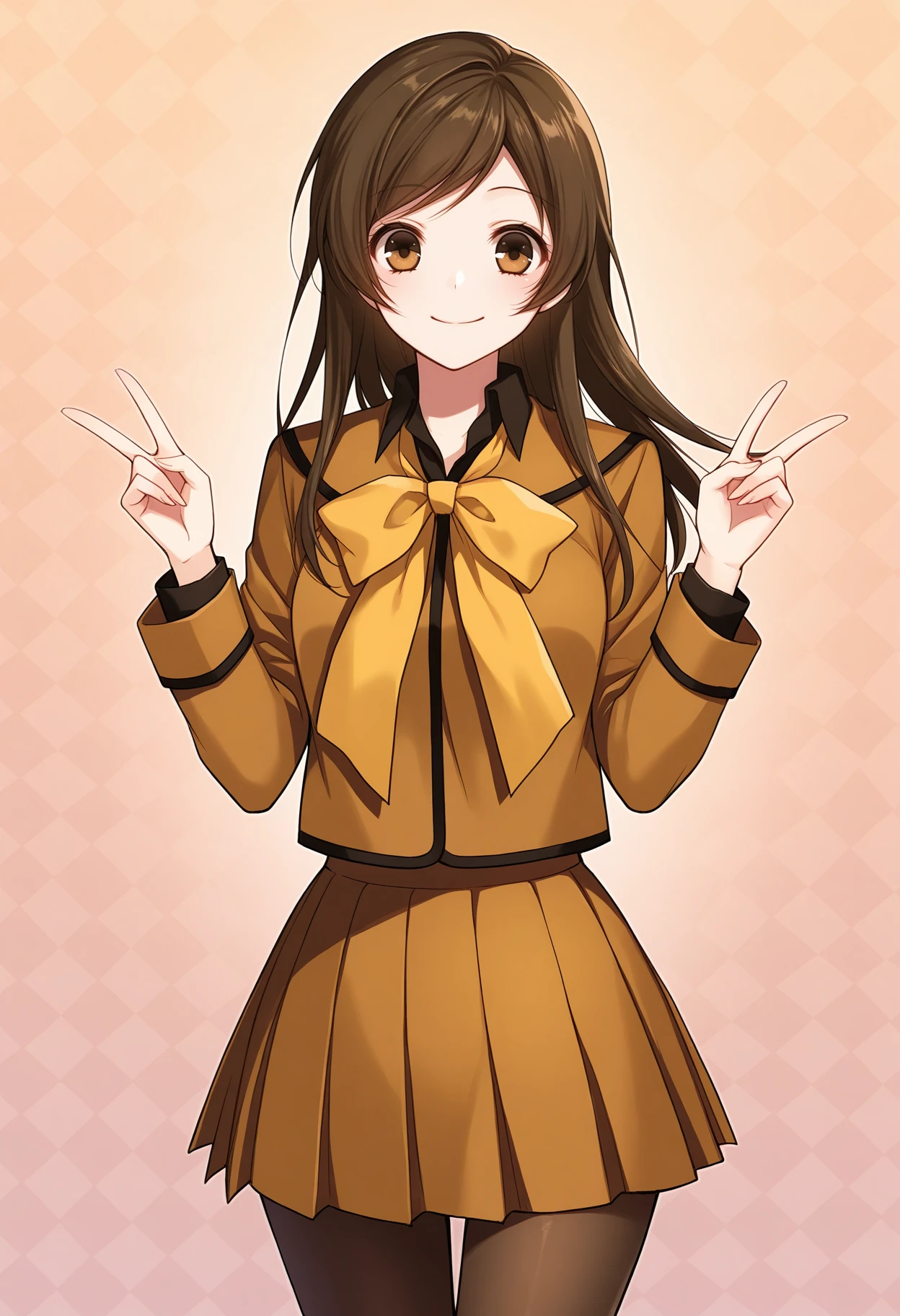 masterpiece, best quality,1girl,solo, looking at viewer, <lora:m_nanami-000008:1>, m_nanami, brown hair, brown eyes,long hair, school uniform, pleated skirt, bow, pantyhose, 
double v, smile, cowboy shot,abstract background,