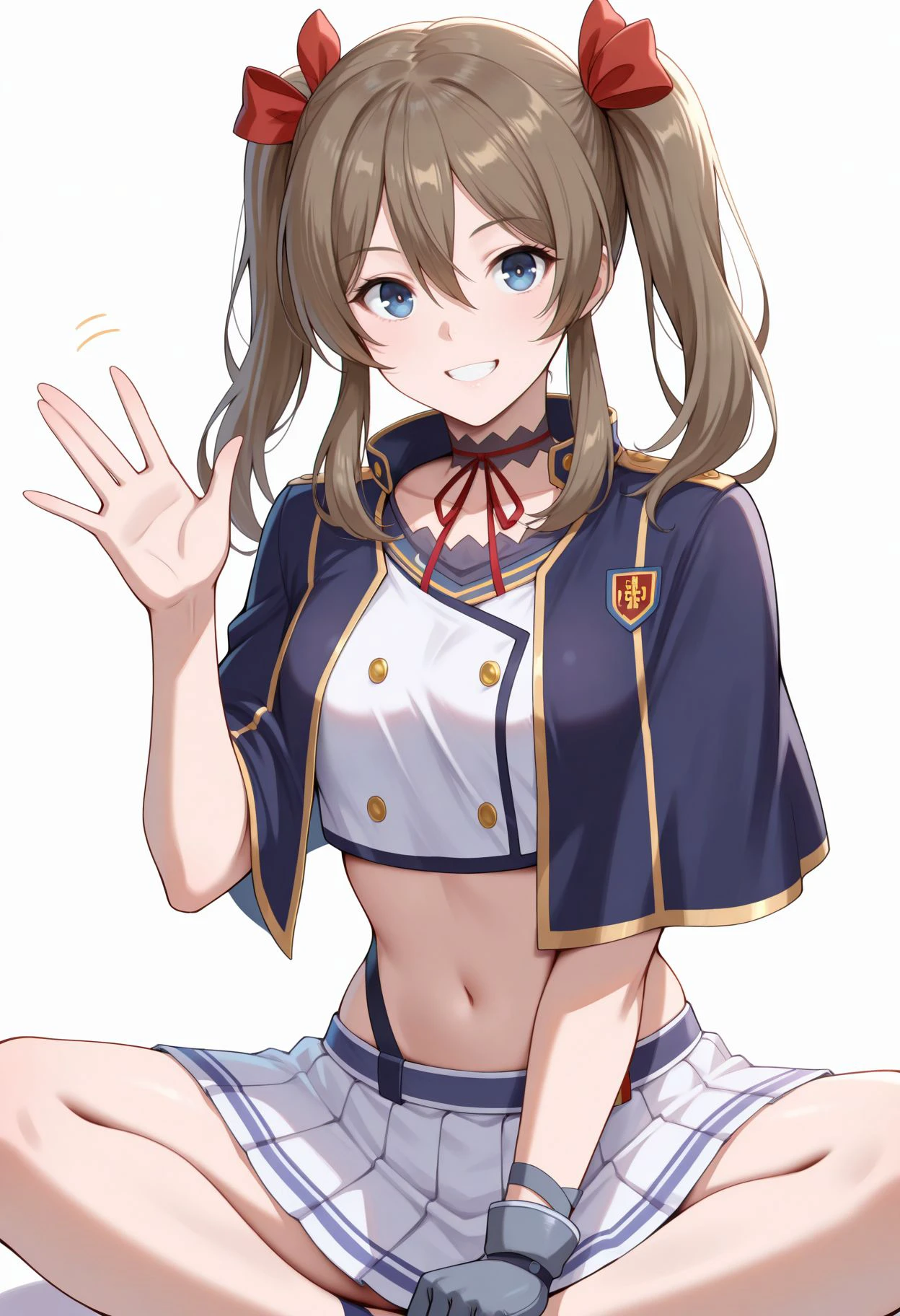 masterpiece, best quality, white background, grin, sit, indian style, looking the viewer, smile, waving hands,
 <lora:Wendy:1> akwendy, brown hair, 1girl, twintails, long hair, blue eyes, school uniform, hair ribbon, hair between eyes, capelet, navel, crop top, red ribbon, pleated skirt, single glove, white skirt, choker