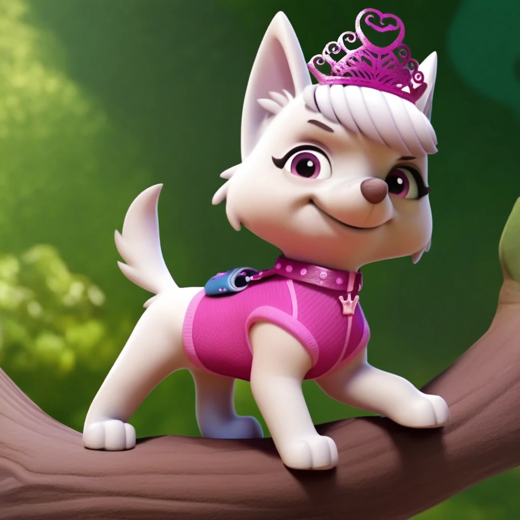 score_9, score_8_up, score_8, score_7, source_cartoon, Sweetie(pp), solo, 1girl, feral, dog, dog girl, West Highland White Terrier, white fur, bangs, pointed ears, short tail, pink eyes, small body, pink collar, crown shaped tag, pink tiara, pink vest, full body, looking at viewer, standing on tree branch, eyes half closed, stoic expression, nighttime, forest background,