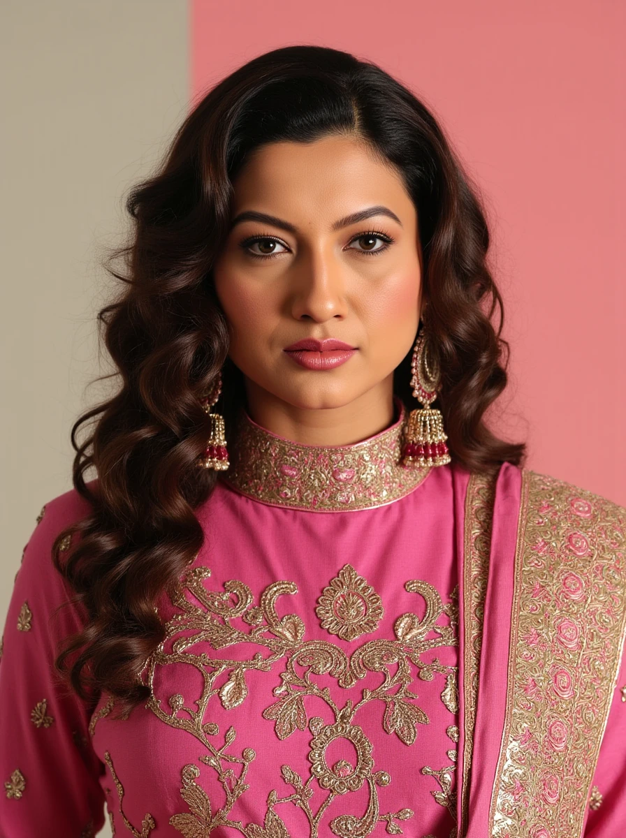 cowboy shot photo of Gauhar Khan woman,hyper realistic candid photo  serious,studio quality, wearing intricate conservative turtleneck Magenta Phulkari Suit, curls, pastel shaded multicolored background, cinematic lighting<lora:TestBed\Gauhar_Khan_Flux_Kohya_LoRA_v1.safetensors:1.0:1.0>