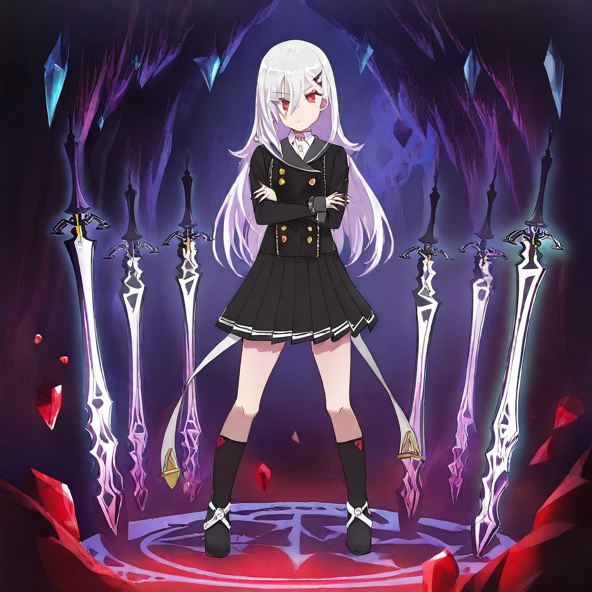 best quality, recent,   cave, black stone, blue crystals, red crystals, album_cover,   1girl, sumeragi setsuna, ongeki, red eyes, black uniform jacket, double-breasted, black pleated skirt, triangle hairclip, floating sword, planted_sword, magic circle, crossed_arms, standing, full body, <lora:Setsuna/Illustrious/Sumeragi_Setsuna_-_Version_2>