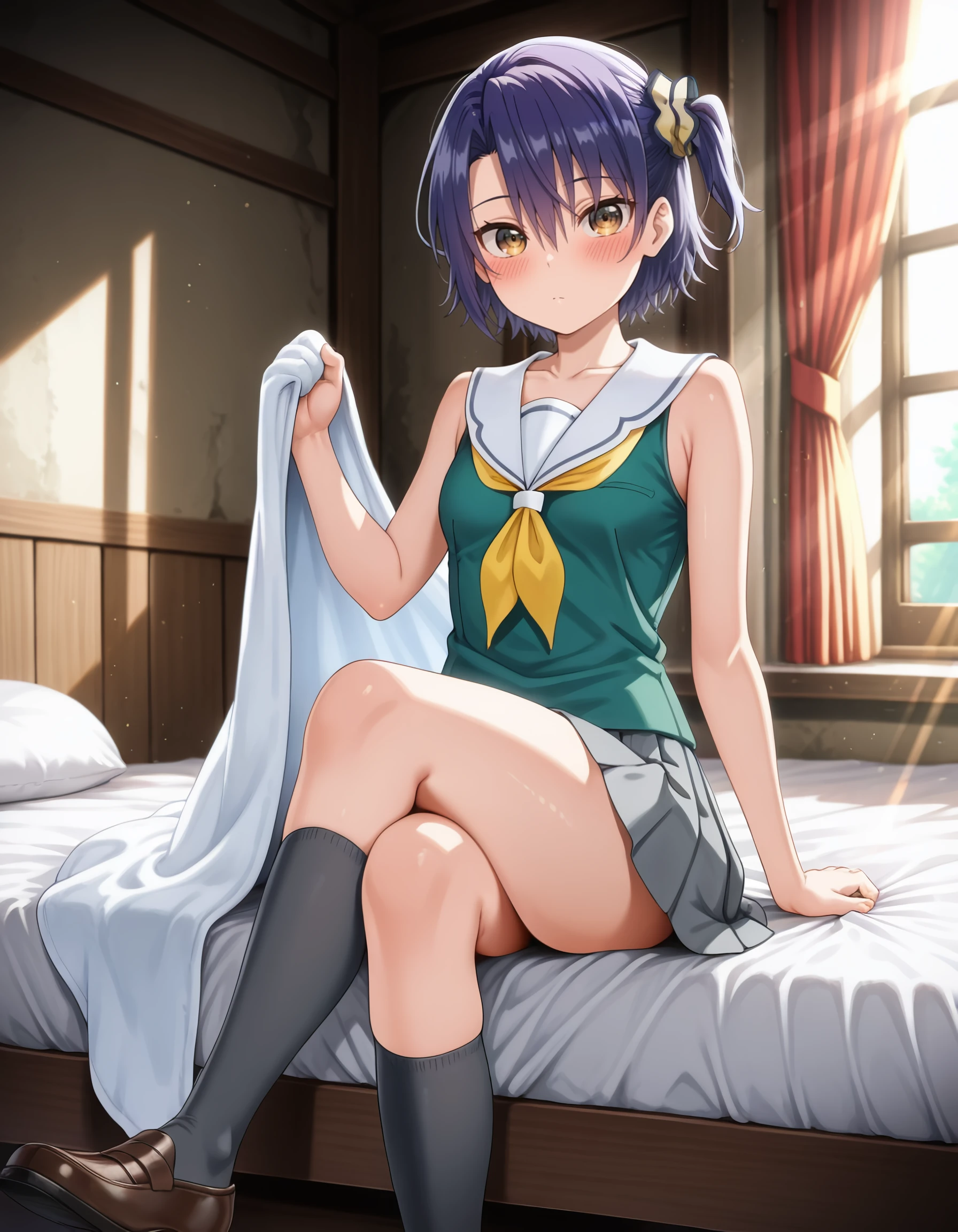 masterpiece, best quality, amazing quality,  akischool, short_hair, blue_hair, purple_hair, hair_between_eyes, one_side_up,  brown_eyes, yellow_eyes, hair_scrunchie, school_uniform, green_shirt, white_sailor_collar, yellow_neckerchief,  pleated_skirt, grey_skirt, socks, kneehighs, shoes,  <lora:seirei_gensouki_-_aki_sendou_il:1>, by_sr_(takutaku525mi), window, solo, small_breasts, holding_blanket, blanket, indoors, holding, on_bed, crossed_legs, blush, looking_at_viewer, collarbone, breasts, sunlight, sitting, 1girl, bare_shoulders, curtains