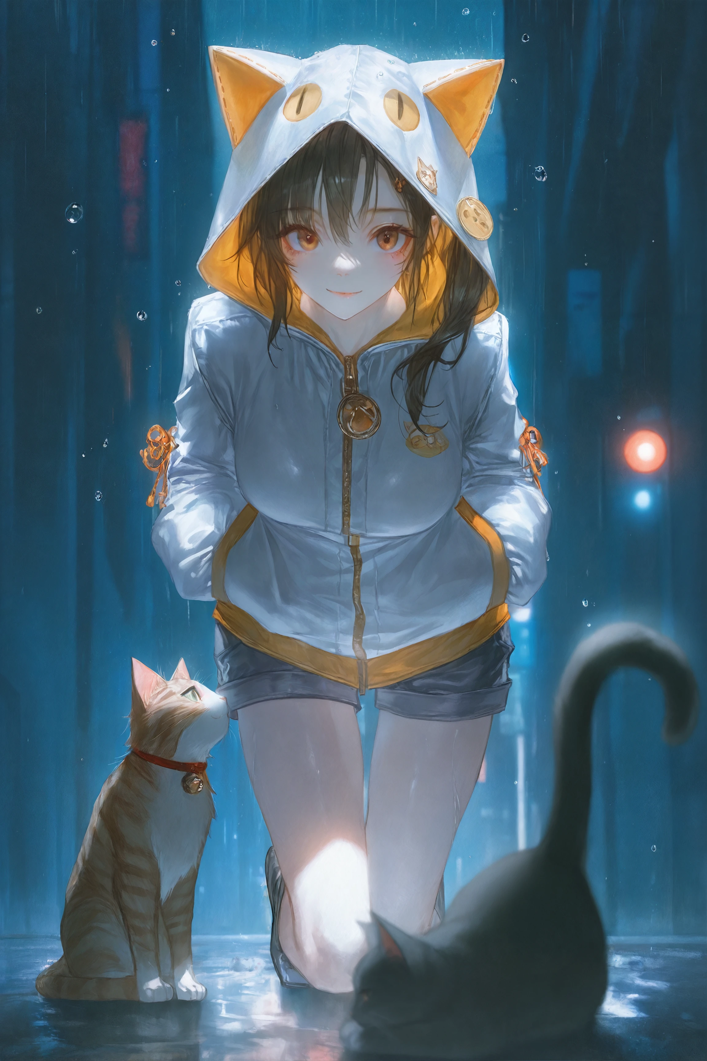 masterpiece,best quality,good quality, very aesthetic, absurdres, newest,
misaki \(doa\), 1girl, solo, leaning_forward,full_body, hands_in_pockets, smile, rainy, blurry citylights, pedestrian crossing, cat,lying cat,((cat_hood):1.2), melancholy face, water drop,wind,straight-on,looking at viewer,(depth of field:1.2),(foreshortening) 
artist:hito komoru,(artist:quasarcake:1.1),(artist:reoen),artist:machi,
 <lora:doa_misaki_noobxl_vpred09r_v10:0.9>