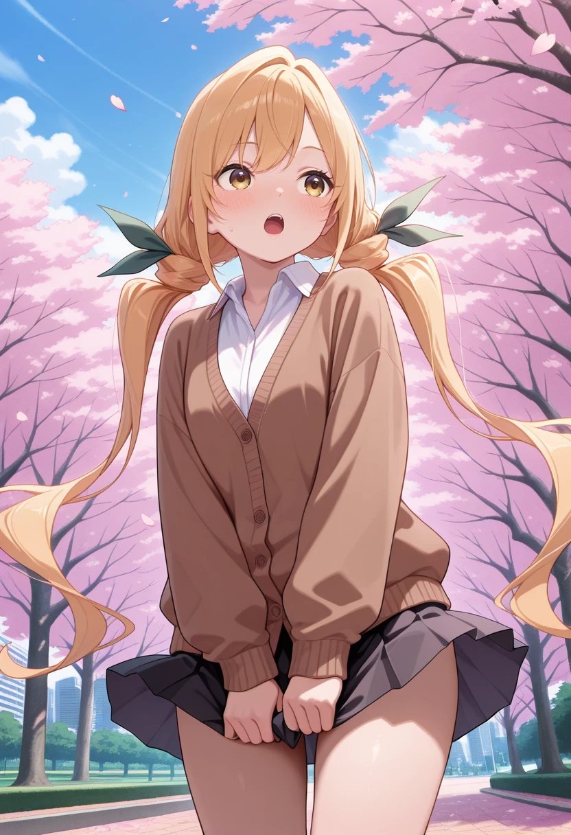 masterpiece,best quality,amazing quality,very aesthetic,absurdres,newest,tokyo \(city\), outdoors, park, cherry blossoms, falling petals, outdoors, park, cherry blossoms, wind, wind lift,  from below, looking at another, skirt tug, 
<lora:KaraneInda:1> karaneinda, 1girl, long hair, yellow eyes, hair ribbon, ribbon, low twintails, shirt, collared shirt, school uniform, cardigan, green ribbon, blonde hair, pleated skirt, very long hair, miniskirt, black skirt