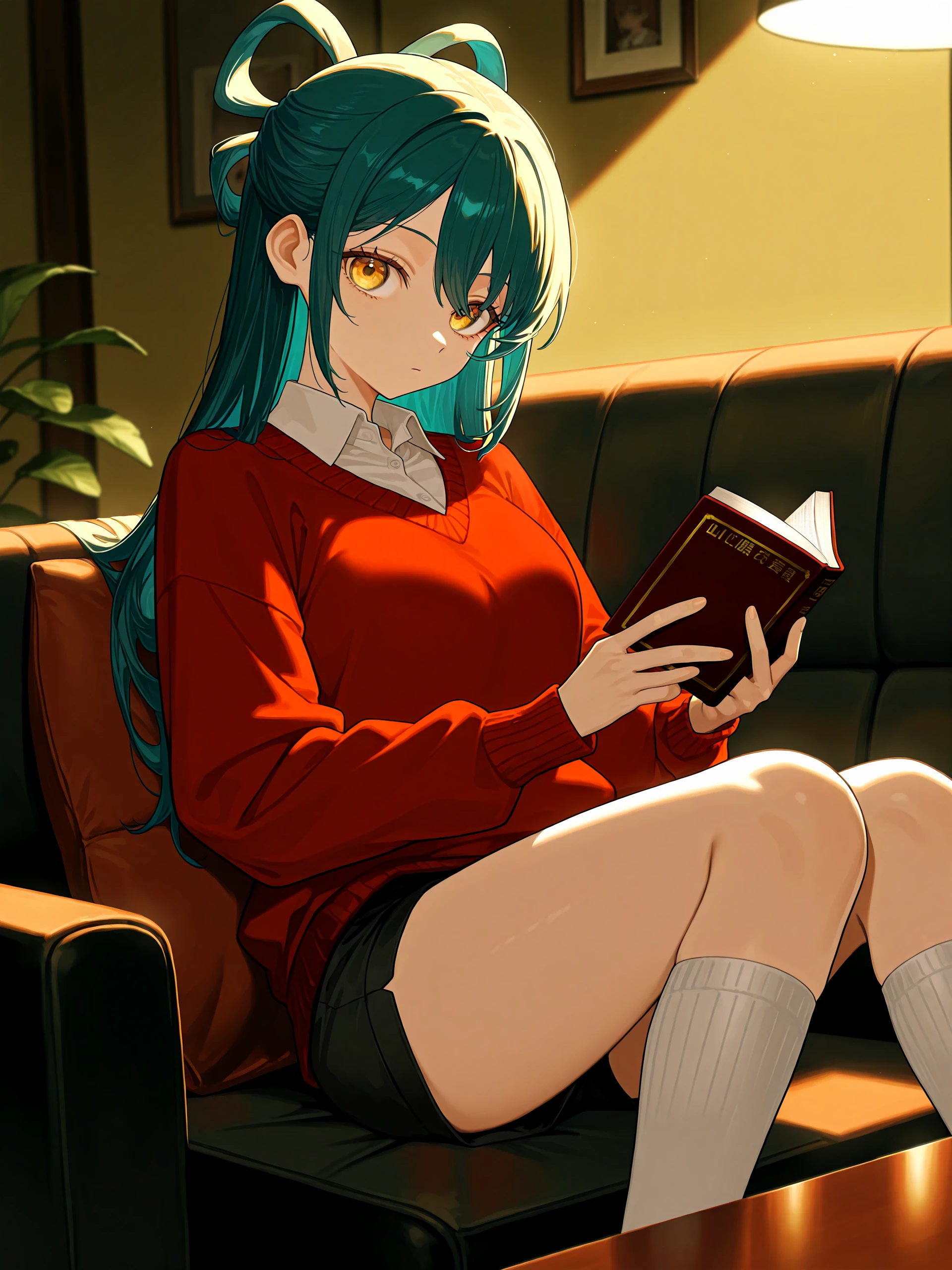 1girl, <lora:himari40:1>, himaazuma, red sweater, white collared shirt underneath, shorts, white knee socks, resting legs on table, sitting in couch, looking at viewer, holding book, reading,
living room background, volumetric lighting, 
high resolution, ultra-detailed, absurdres, masterpiece, best quality, good quality, newest