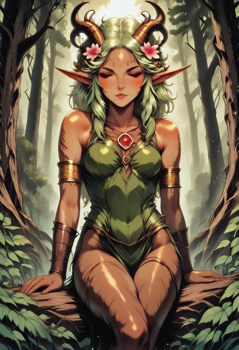 best quality, classic media, masterpiece, 1girl, faun, satyr, Dryad-NatureThemeV1 dryad, nature(theme) tree, leaf, nature, flower, pointy ears, bark skin, bark, dryad, nature(theme) wooden skin, bark skin, bark, dryad, nature(theme), wood