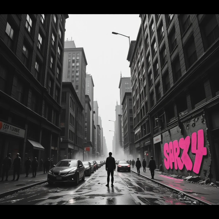 GrayscaleColorPop, A bustling city street in a grayscale, dystopian future. The buildings are tall and imposing, with dark shadows casting over the scene. In the center, a lone street artist sprays bright neon pink graffiti on a crumbling wall, symbolizing rebellion and hope amidst the bleak surroundings. greyscale only with vibrant pink. GrayscaleColorPop style <lora:GrayscaleColorPopTattooArt_Flux:1>