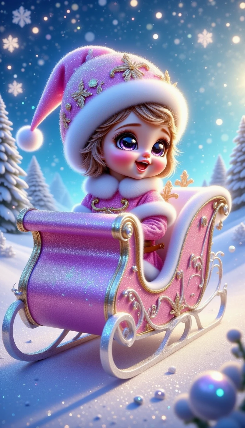 pinkchibichristmas,

A snow queen riding a sleigh made of ice and glitter.