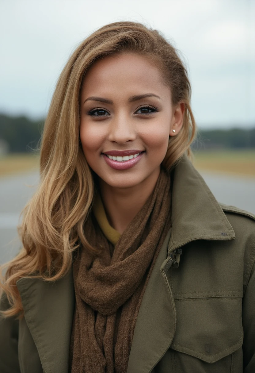 the image is a high-quality professional  close-up photograph of  beautiful idaljunqvist She is wearing duster. She is looking directly at the viewer and smiling. The background is airfield. This photo is a headshot. Shot with small amount of film grain. This is a SFW image. 