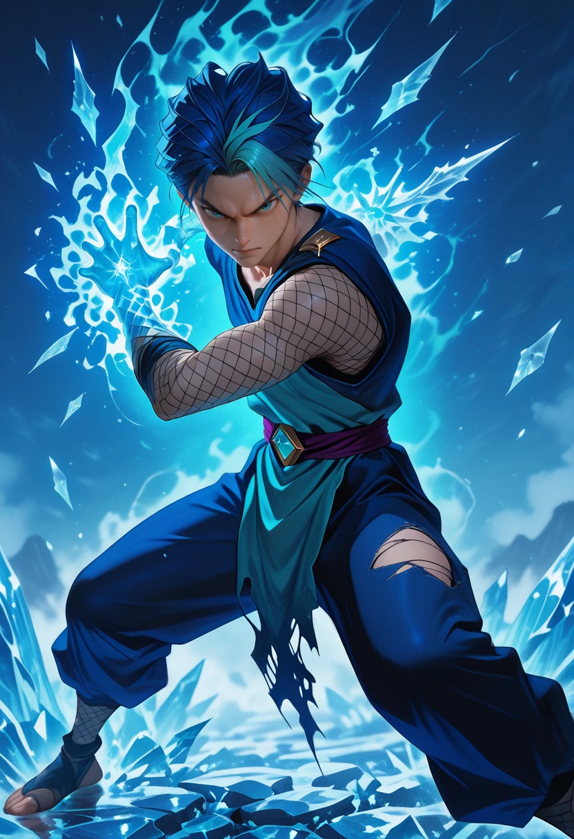 masterpiece, best quality, vibrant, very aesthetic, high contrast, realistic, 1boy, <lora:Touya_YuYu_Hakusho_ILLU:0.8> touya_yyh, two-tone hair, blue hair, green bangs, fishnets, torn clothes, ice magic, frost steam, blue theme, ice shards, forst aura, , fighting stance, masterwork, raytracing, highly detailed, absurdres, masterful composition, cinematic lighting, rim lighting