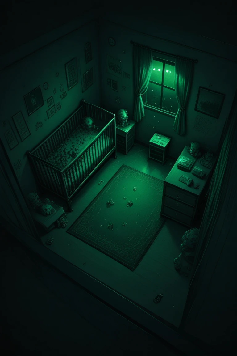 score_9, score_8_up, score_7_up, source_anime, rating_safe, realistic shading, dim lighting, dark environment, night, horror (theme), green theme, monster, creature, on all fours, nursery room focus, danr, 1stclutter, crib, negative space, from above, dynamic angle, intricately detailed illustration, depth of field, atmospheric perspective, masterpiece, best quality, amazing quality, very aesthetic, absurdres, newest