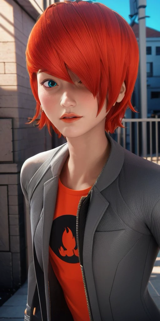 Hyperrealistic, photorealistic, super detailed, dark gray jacket with a folded collar, red orange t-shirt with a black logo under jacket, (1boy), skin colored lips, face length red-orange hair, long bangs that are brushed to the left side of his face, turquoise eyes, body like in real life, large pores, fairly short, unreal engine, octane render, droped shadow, bokeh, cinematic lighting, <lora:add_detail:0.5>, <lora:Volumetric_lighting:0.6>, Nathaniel Kurtzberg, , <lora:e43a4728-1103-40e5-b9a0-088f7dd6a72b:0.7>