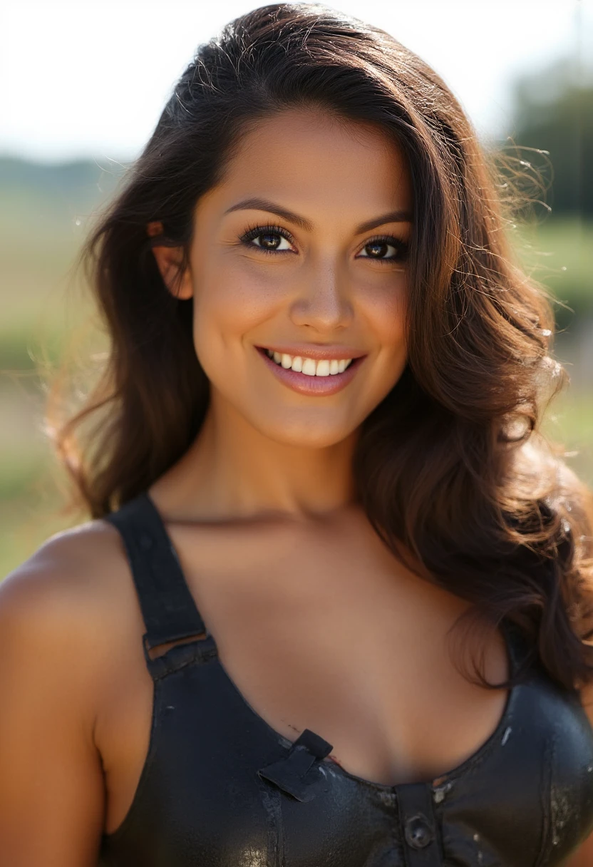 the image is a high-quality professional  close-up photograph of  beautiful raquelpomplun. She is wearing wet suit. She is looking directly at the viewer and smiling. The background is farm. This photo is a headshot. Shot with small amount of film grain. This is a SFW image. 