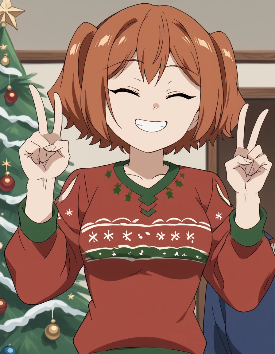 score_9, score_8_up, score_7_up, source_anime, <lora:kanne-s1-ponyxl-lora-nochekaiser:1>, kanne, short hair, brown hair, twintails, brown eyes, medium breasts, anime screencap, <lora:christmas-sweater-ponyxl-lora-nochekaiser:1>, christmas sweater, christmas, ugly sweater, print sweater, red sweater, christmas tree, christmas ornaments, sweater, multicolored sweater, , v, smile, hands up, teeth, closed eyes, cowboy shot,, , dutch angle, cowboy shot