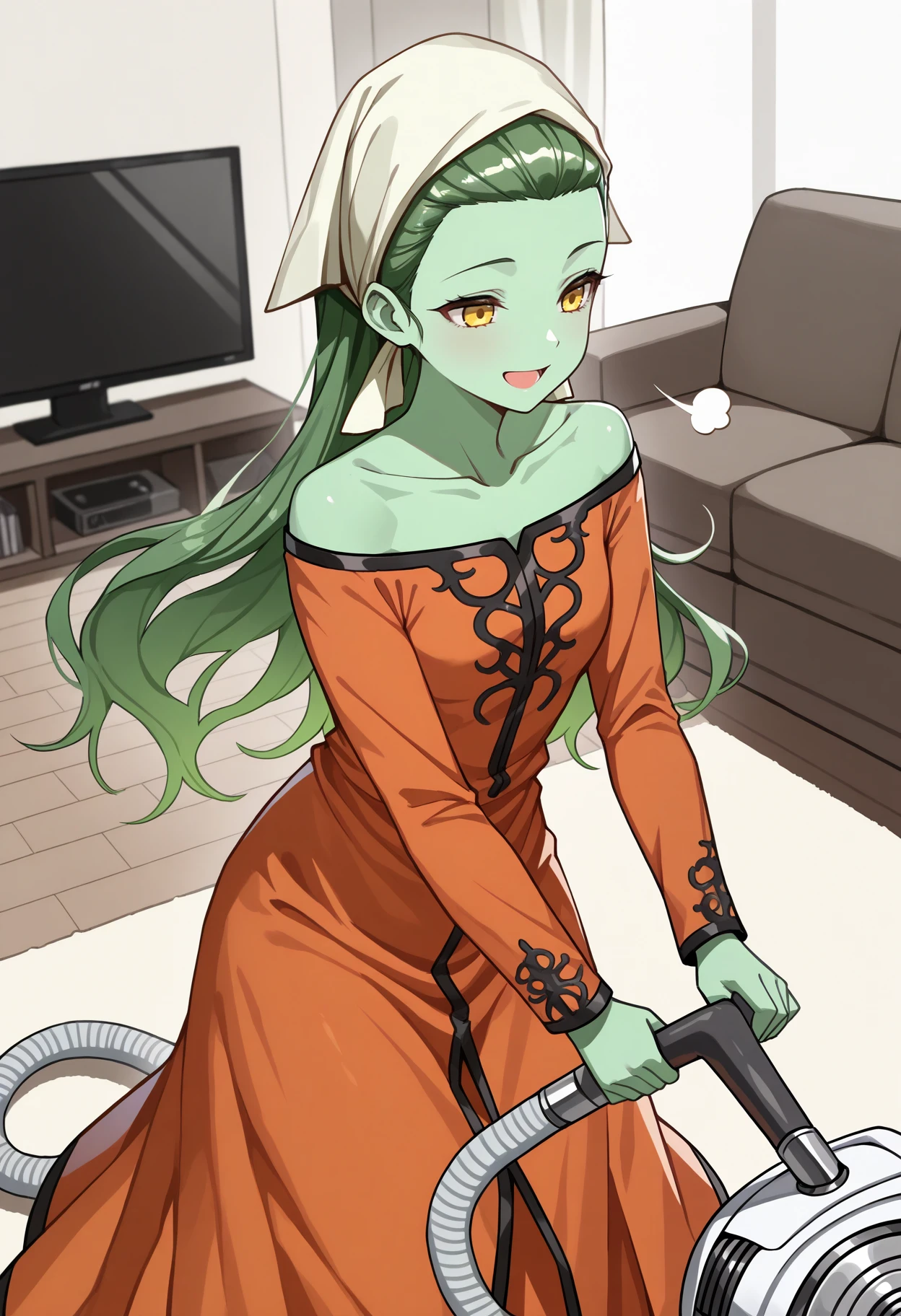 masterpiece, best quality, 1girl, vacuum cleaner, cleaning, sigh, open mouth, smile, <lora:SilkySMT-illu:1> slkSMT, green hair, long hair, headscarf, hair pulled back, green skin, yellow eyes, orange dress, off-shoulder dress, collarbone, long sleeves, long dress, living room