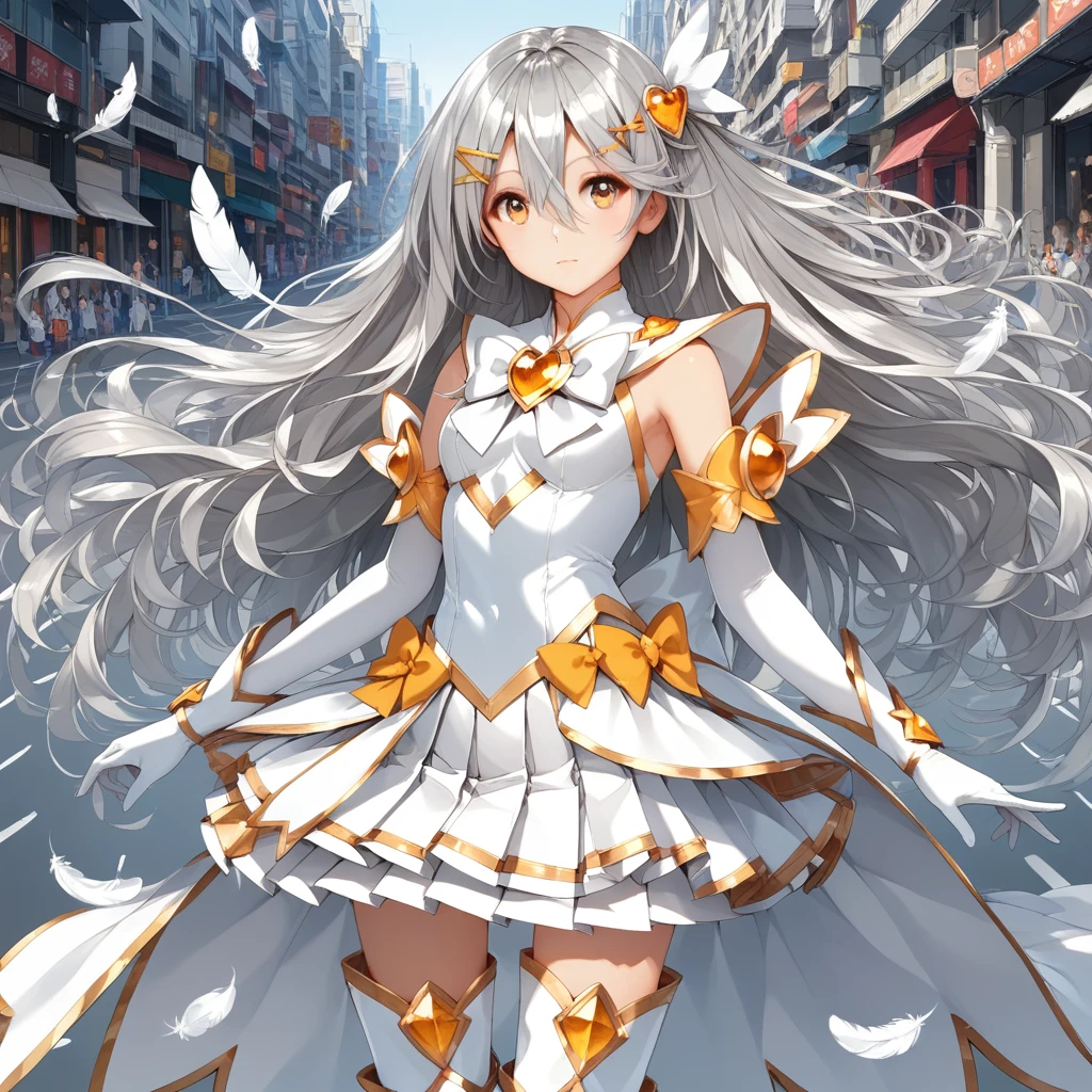 Magical Girl, , thigh boots, half-up hair, white top, golden brooch, (Silver hair:1.2), white boots, frilled_boots, large bow, long hair, white bow, white feather, Amber eyes, white gloves, pleated skirt, hair ornament, white back bow, elbow gloves, hair clip, hair between eyes, white skirt, miniskirt