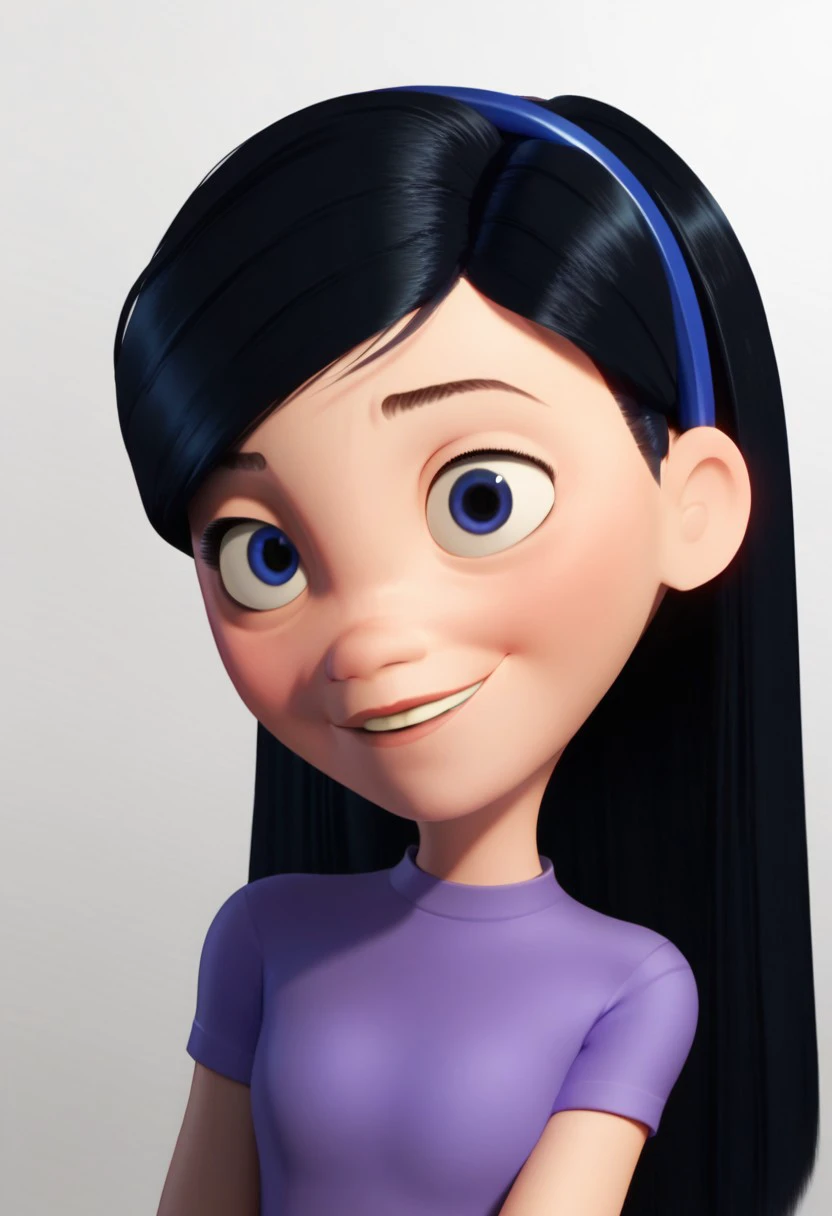 ,Violet Parr,1girl,solo,black hair,long hair,blue eyes,hairband,blue t shirt,smile,upper body,smile