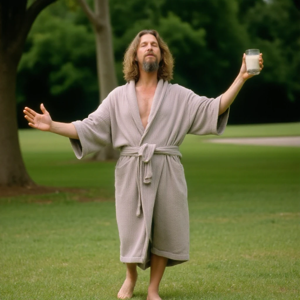 <lora:The DudeV2:0.89> the dude, full body, a man with long hair and beard. He wears a closed bathrobe and do yoga in a park. He holds a glass of milk