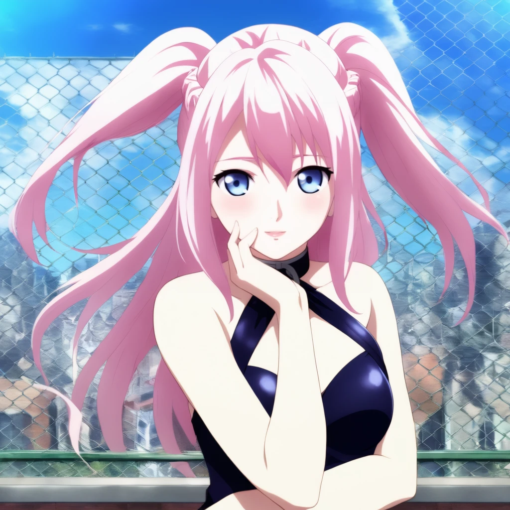 masterpiece ,Megurine Luka,E cup breasts,Pink long hair,blue eyes,School Swimsuit,smile,sit,Pool,