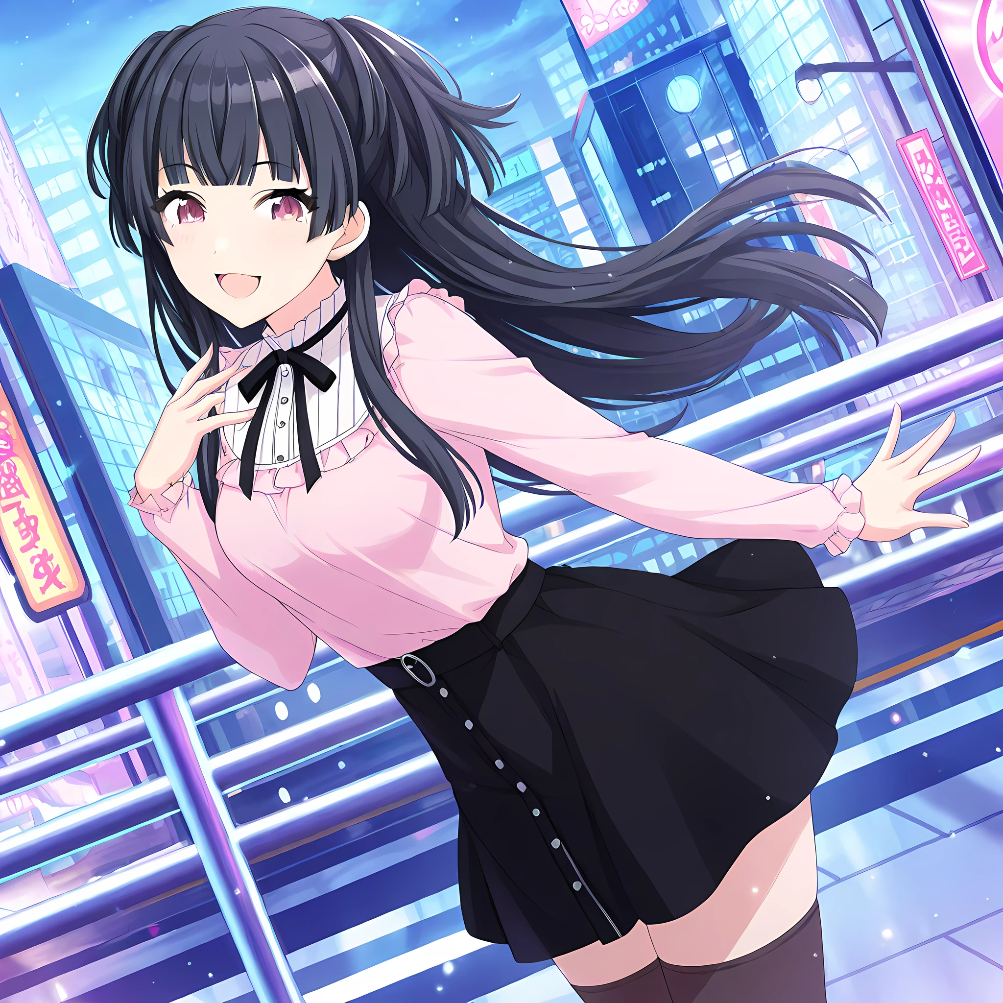 mayuzumi_fuyuko, 1girl, solo, skirt, black hair, long hair, shirt, thighhighs, black skirt, smile, looking at viewer, bangs, brown eyes, open mouth, two side up, long sleeves, pink shirt, black thighhighs, city background, midnight, blunt bangs, black ribbon, :d, ribbon, casualoutfit<lora:MayuzumiFuyukoIllustXL:1>, (masterpiece),(best quality),(ultra-detailed),(best illustration),(best shadow),(absurdres),(detailed background),(very aesthetic),