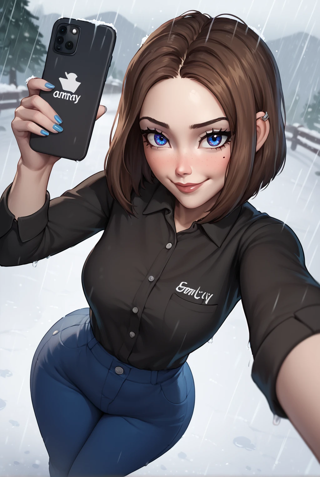 score_9, score_8_up, score_7_up, 1girl, Samsung Sam, looking at viewer, smile, closed mouth, short hair, blue eyes, brown hair, collared shirt, black shirt, mole under eye, v, phone, denim, smartphone, blue nails, holding phone, wide hips, jeans, blue pants, shirt tucked in, selfie, high-waist pants, rain, snow, cloudy sky, storm, stormclouds, blush, from above, realistic