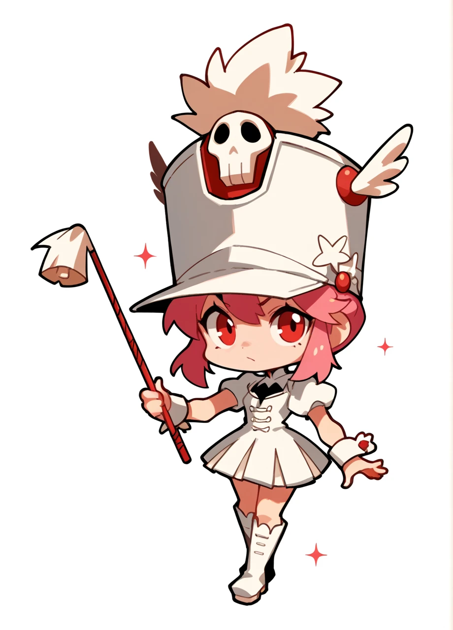 pink hair, sidelocks, 1girl, solo, full body, chibi, white background, klknondef, shako cap, skull, white uniform, wrist cuffs, short puffy sleeves, knee boots, holding conductor stick <lora:KLK_Jakuzure-PONY:0.8>, score_9, score_8_up, score_7_up, score_6_up,