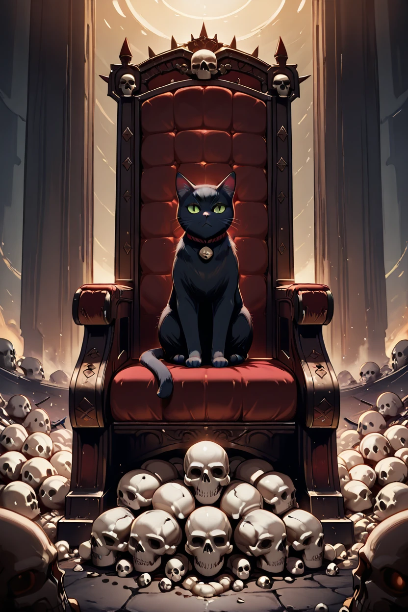 masterpiece, best quality,   Khrn, solo, no humans, (cat sitting on throne),  pile of skulls,  ,<lora:KhorneWorldIXL_v2:0.8>,