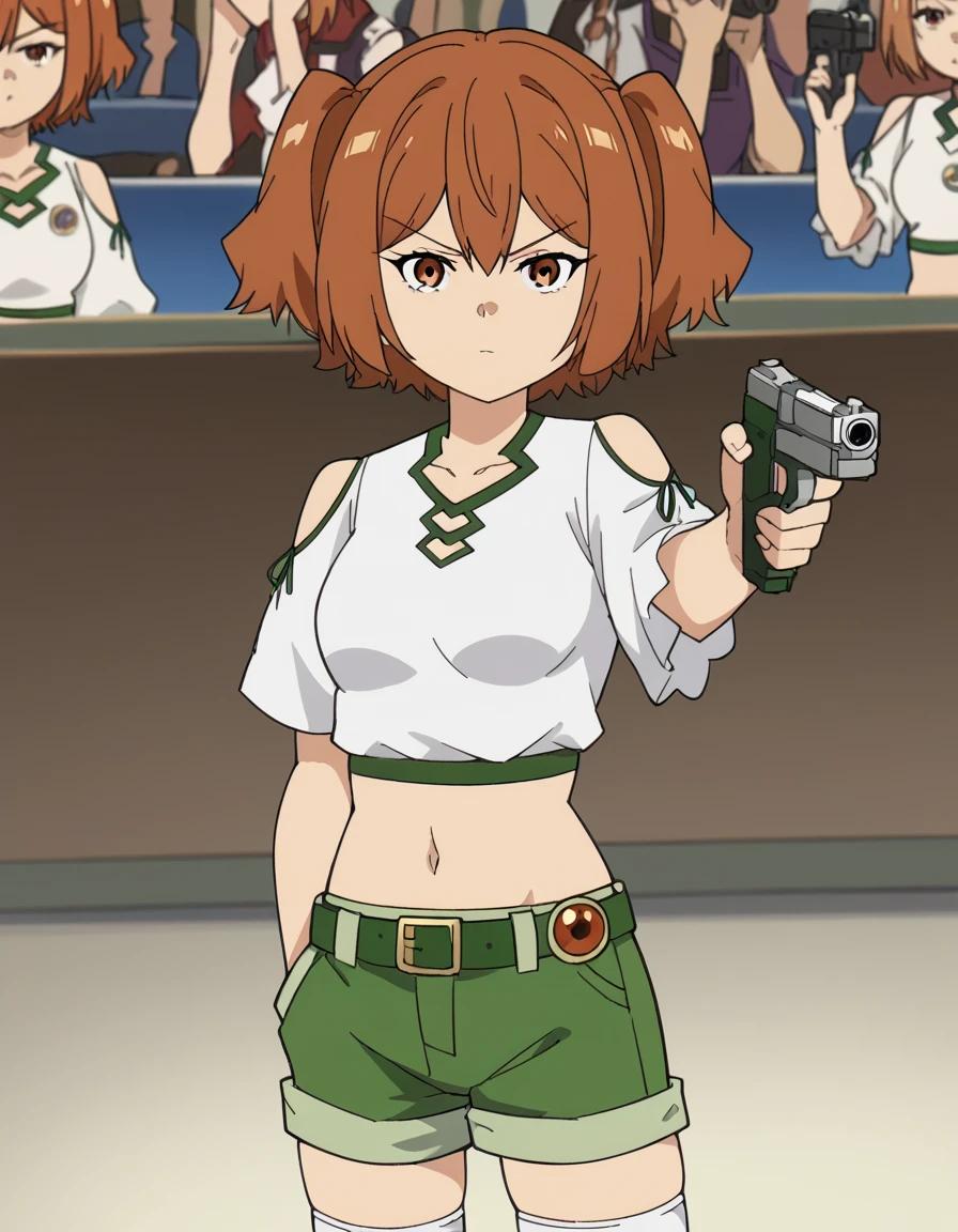 score_9, score_8_up, score_7_up, source_anime, <lora:kanne-s1-ponyxl-lora-nochekaiser:1>, kanne, short hair, brown hair, twintails, brown eyes, medium breasts, anime screencap, shirt, thighhighs, navel, bare shoulders, white shirt, short sleeves, midriff, belt, white thighhighs, crop top, short shorts, clothing cutout, shoulder cutout, green shorts,, otaku room, posters, anime figures, computer, cluttered, , <lora:yusuf-dikec-ponyxl-lora-nochekaiser:1> yusuf dikec, yusuf dikec (meme), meme, hand in pocket, handgun, holding gun, gun, shirt, t-shirt, pants, audience, cowboy shot,, looking at viewer, solo,, dutch angle, cowboy shot