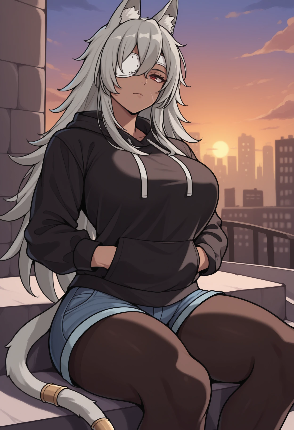 masterpiece, best quality, feet out of frame, solo, 1girl, ghslnrnd, dark-skinned female, cat tail, tail ring, muscular female, scar on cheek, expressionless, looking at viewer, sitting, on stairs, hands in pockets, long hair, grey hair, hair between eyes, sidelocks, animal ears, animal ear fluff, red eyes, eyepatch, black hoodie, hood down, drawstring, long sleeves, blue shorts, denim shorts, black pantyhose, large breasts, outdoors, sunset, cloud, cityscape
<segment:yolo-Anzhc Face seg 640 v2 y8n.pt,0.4,0.5//cid=1>